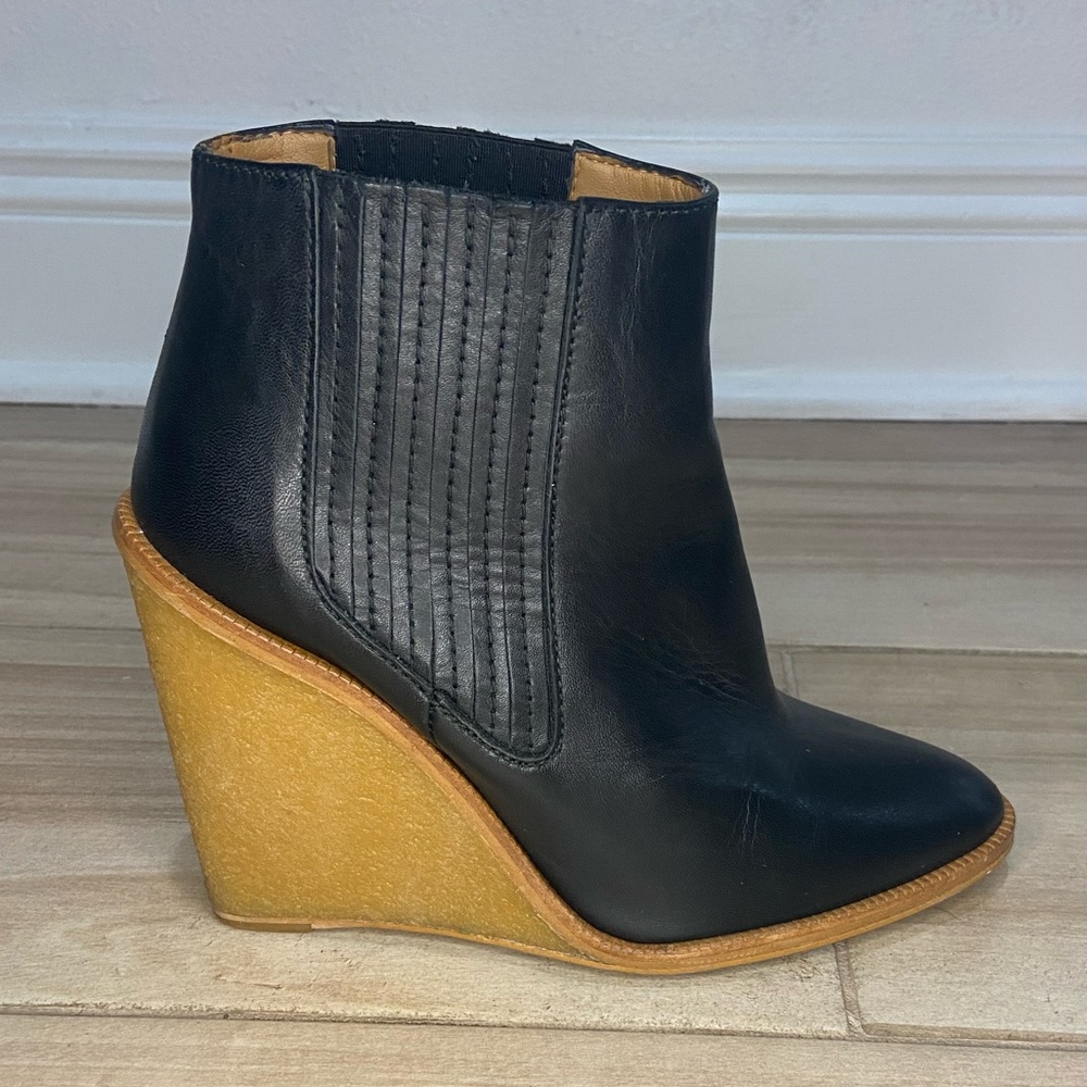 Zara Black Leather Wedge Ankle Boots with Tan Wedge